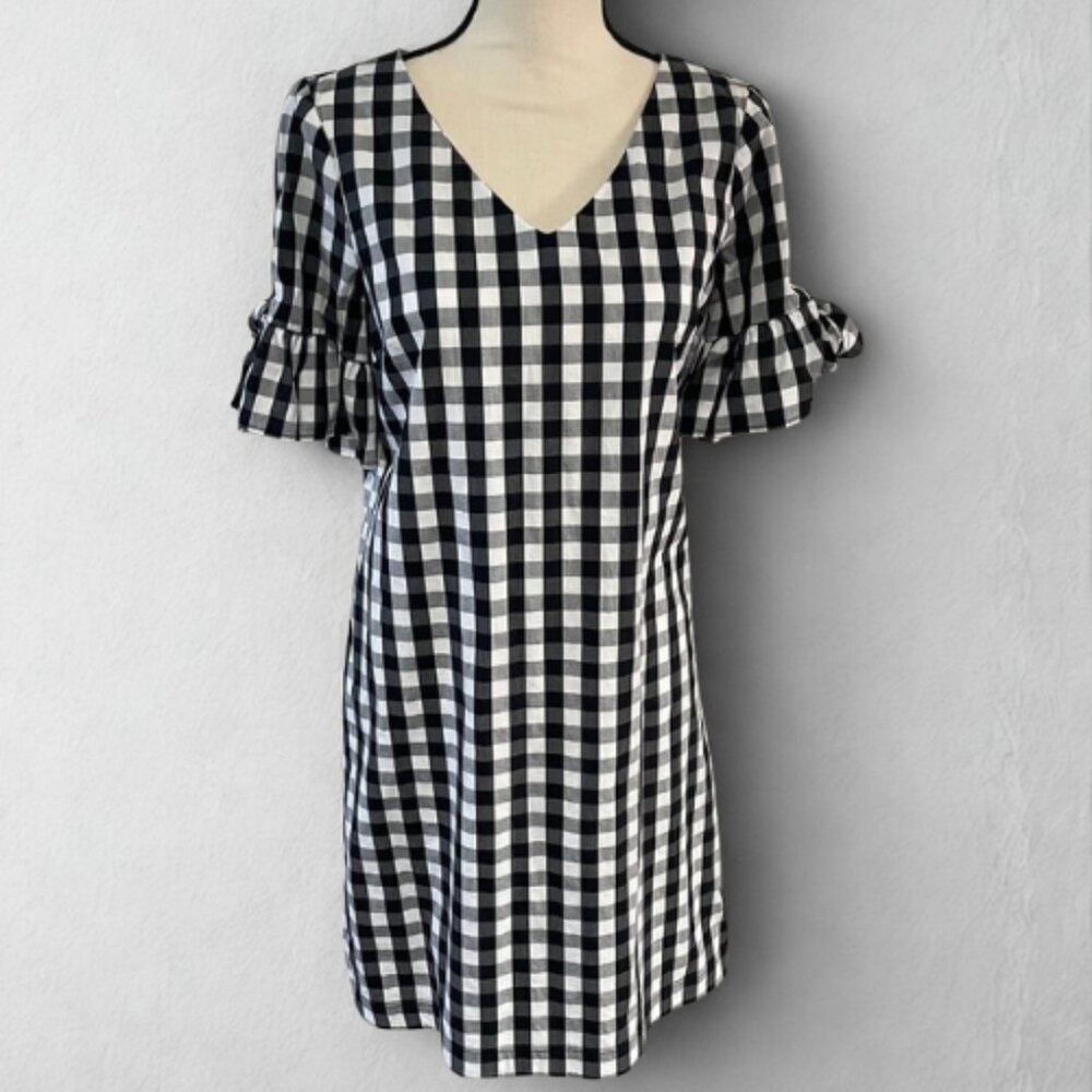 J.Crew NWOT Gingham Bow & Ruffle-Sleeve Dress XS - Black & White Checkers - New